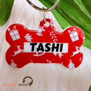 Customized Engraved Pet Name Collar Tags | Unique Cute Resin Dog ID Tags | Personalized Cat ID Tags | Seasonal Holiday Tags | Reindeer & Gifts Holiday Paws ID Tag | Jolly Pet Jingle Bells Winter Wonderland Pet Tag | Merry Festive Paw - Christmas Theme 1