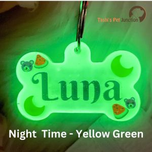 Customized Engraved Pet Name Collar Tags | Unique Cute Resin Dog ID Tags | Personalized Cat ID Tags | Light Emitting Luminous Radium Dog ID Name Tags | Night Glow Pet Tag | Moonlit Pet ID Tag | Illuminight Pet Tag - Glow In The Dark (Yellow Green)