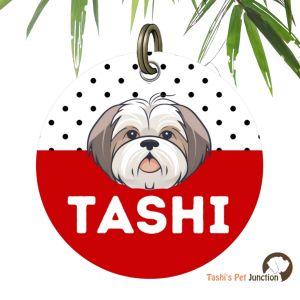 Customized Engraved Pet Name Collar Tags | Unique Cute Resin Dog ID Tags | Personalized Cat ID Tags | Dog Cat Face Breed Portrait Illustration | Cherry Dot Polka Paws ID | Pawtrait Polka Red Dot Woof Tag | Dot Tail Whisker Pop ID - Breed Portrait (Red)
