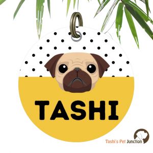 Customized Engraved Pet Name Collar Tags | Unique Cute Resin Dog ID Tags | Personalized Cat ID Tags | Dog Cat Face Breed Portrait Illustration | Polka Pup Lemon Sunshine Spots Pet ID | Bright Breed Buddy Yellow Dot Paws ID - Breed Portrait (Yellow)
