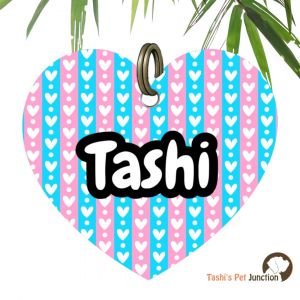 Customized Engraved Pet Name Collar Tags | Unique Cute Resin Dog ID Tags | Personalized Cat ID Tags | Heart Shaped Tags | Pawfect Love Candy Stripe Heart Pet ID | Love Lines Pawfect Love Blush Bond Sweetheart Pink & Blue Pawprint Charm - Hearts & Stripes