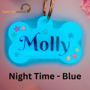 Customized Engraved Pet Name Collar Tags | Unique Cute Resin Dog ID Tags | Personalized Cat ID Tags | Light Emitting Luminous Radium Dog ID Name Tags | Night Glow Pet Tag | Moonlit Pet ID Tag | Illuminight Pet Tag - Glow In The Dark (Blue)
