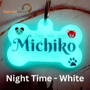 Customized Engraved Pet Name Collar Tags | Unique Cute Resin Dog ID Tags | Personalized Cat ID Tags | Light Emitting Luminous Radium Dog ID Name Tags | Night Glow Pet Tag | Moonlit Pet ID Tag | Illuminight Pet Tag - Glow In The Dark (White)