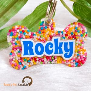 Personalized/Customized Name ID Tags | Cute Resin Dog Tags | Unique Dog ID Tags | Personalized Cat ID Tags | Engraved Dog ID Tags | Rainbow Multicolour Dog ID Name Tags | Dog Collar Tags | Gift Ideas for a Dog Cat Parent - Sprinkle Rainbow Balls